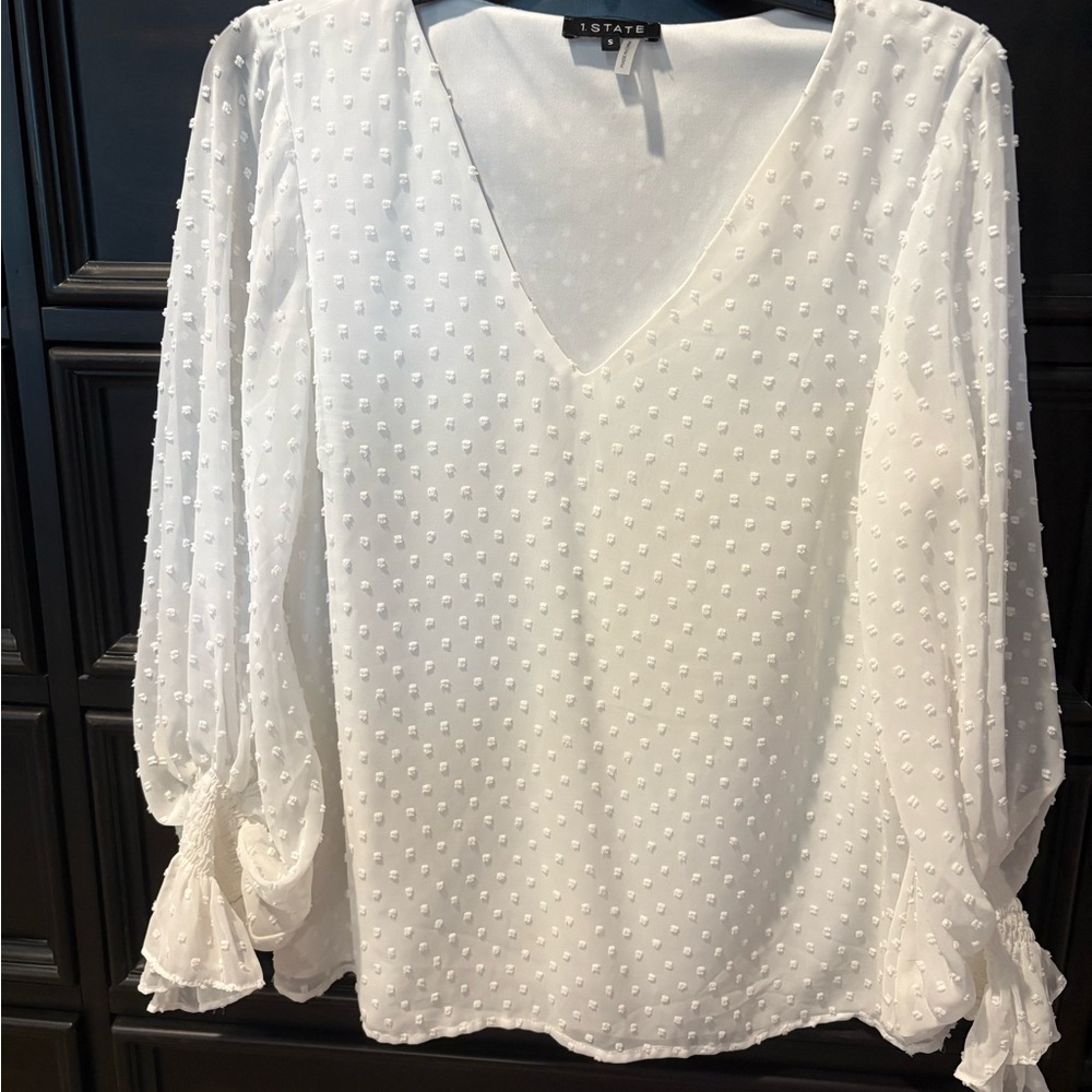 1. State White Swiss Dot V-Neck Balloon Sleeve Blouse